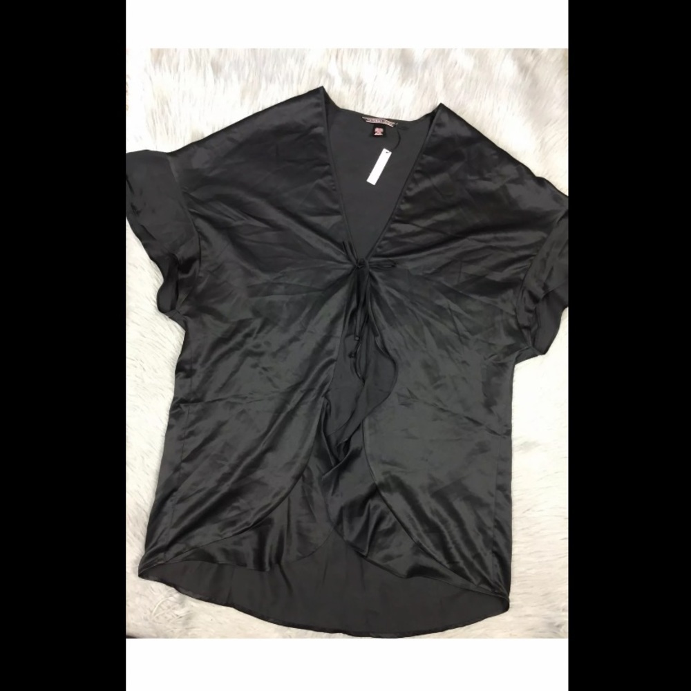 Victorias Secret Black One Size OS Ruffle Edge Tie Front Cover Up Robe